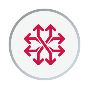 A circular image with red-colored icon with arrows pointing in all directions, symbolizing versatility.